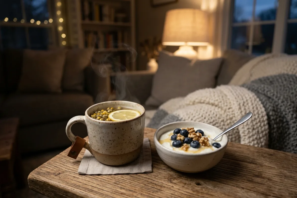Chá de camomila quente e lanche leve para controlar a fome à noite
