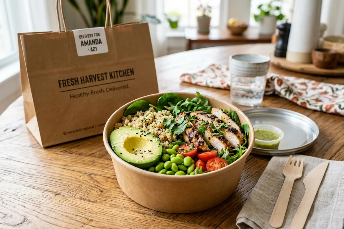 Refeição saudável de delivery com bowl equilibrado e embalagem ecológica
