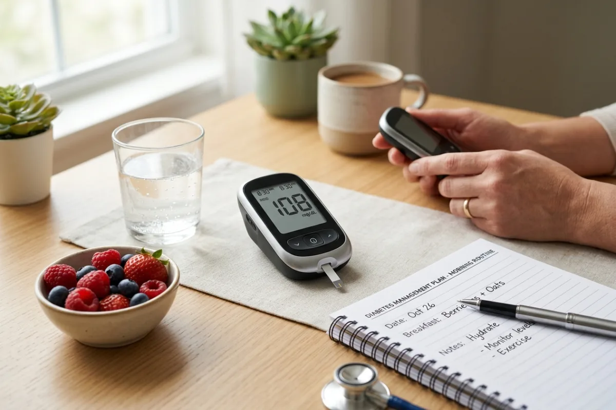Glicosímetro digital moderno e plano alimentar para controle de glicemia e diabetes