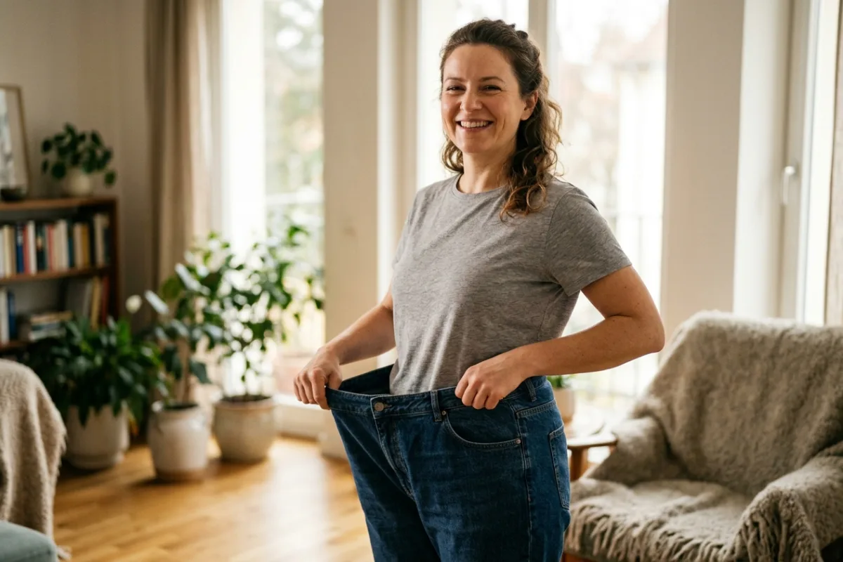 Mulher segurando cós de calça jeans folgada demonstrando manutenção de peso definitiva sem efeito sanfona