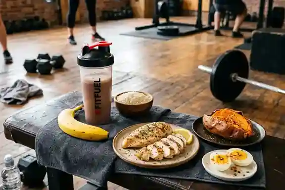 Alimentos para antes e depois do treino: banana, frango, arroz e shake proteico