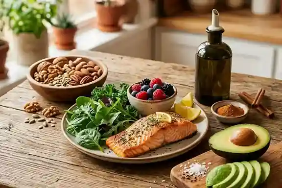 Mulher com SOP preparando alimentação saudável e equilibrada